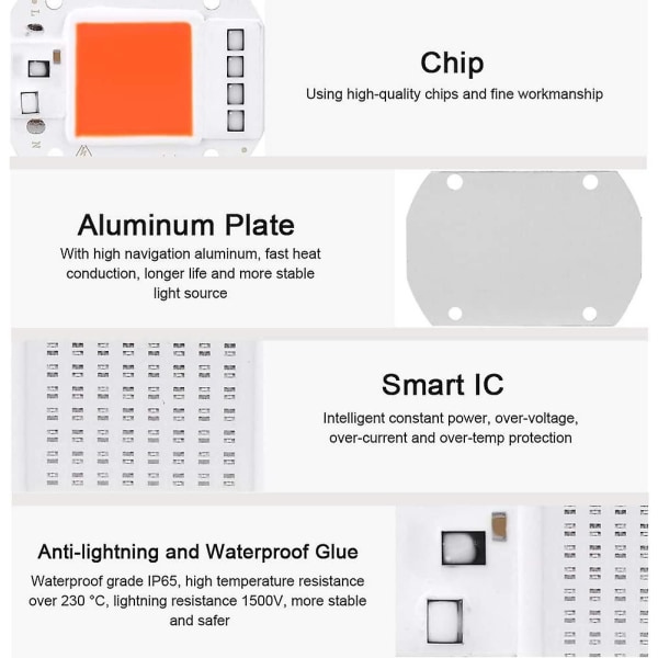 50W LED-kildebrikke COB-brikke Super Bright Intensity Light Emitter-komponenter for DIY Grow Light, grønnsaker innendørs plante og blomst AC220V (rød)