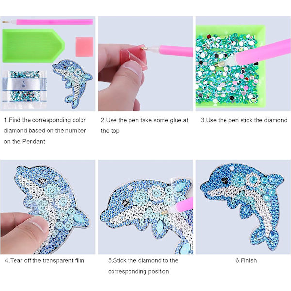 5 stk 5D DIY Delfin Lakkert Nøkkelring, DIY Dobbeltsidig