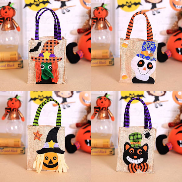 4 Halloween-bæreposer i lin, godteriposer for barn