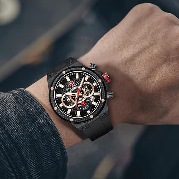 Herre armbåndsur, silikonrem design (kronograf, vanntett, lysende, kalender, 24 timer)