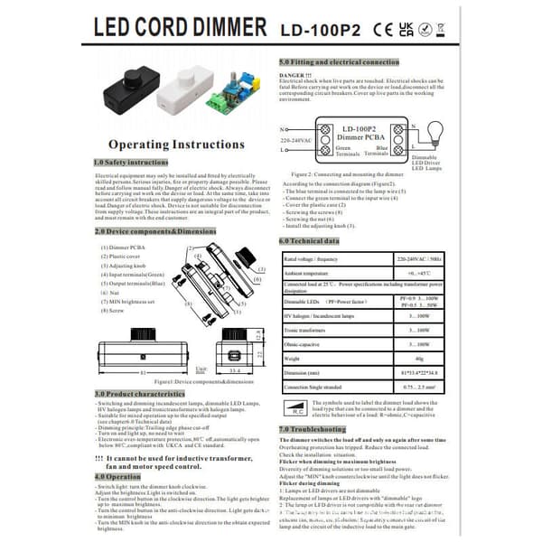 3-100W LED-bakkantdimmer (vriddimmer), används för dimbar LED