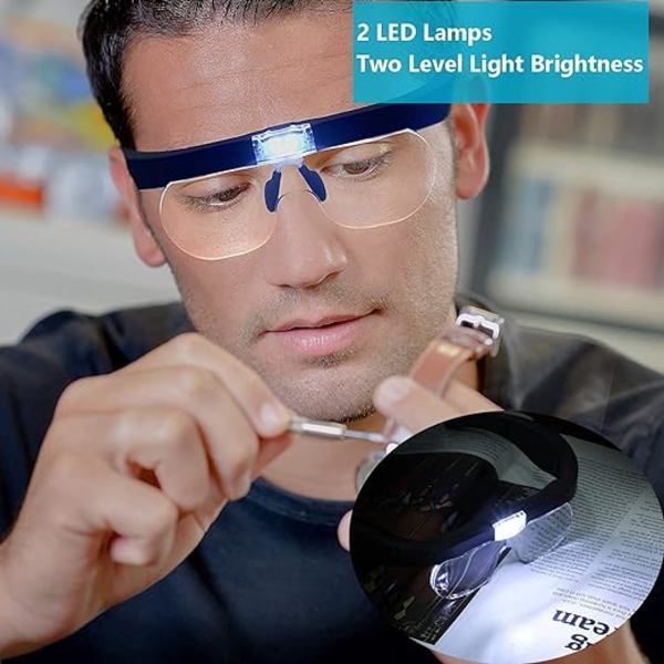 Pääsuurentava lasi 2 LED-valolla, USB-ladattava LED-suurentava lasi