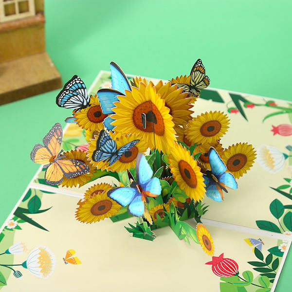 2 kpl Auringonkukka Pop Up -kortteja, Käsintehty 3D Pop Up -tervehdys