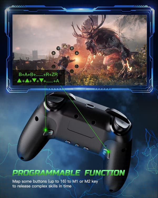 Switch Controllere Kompatible med Switch/Lite/OLED/Windows, 1000 mAh Programmerbar RGB Flash LED, Trådløs Pro Controller med One Key Pairing Vibration