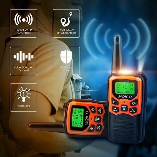 Langdistanse Walkie Talkies for voksne med 22 FRS-kanaler, familiewalkie talkies med LED-lommelykt LCD-skjerm VOX for fotturer camping (2-pakning oransje)