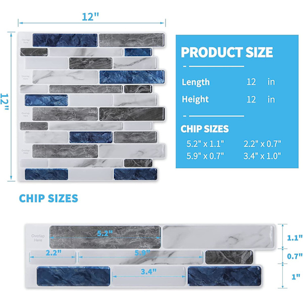 10-ark Peel and Stick Backsplash, 12 tum x 12 tum Blå Marmordesign