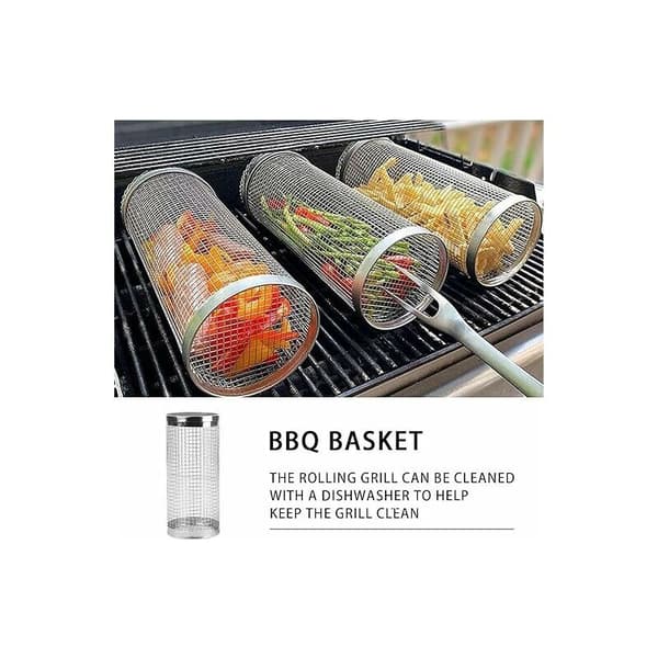 1 stk. BBQ-rulle-grillkurv, rustfrit ståltrådsnetcylinder
