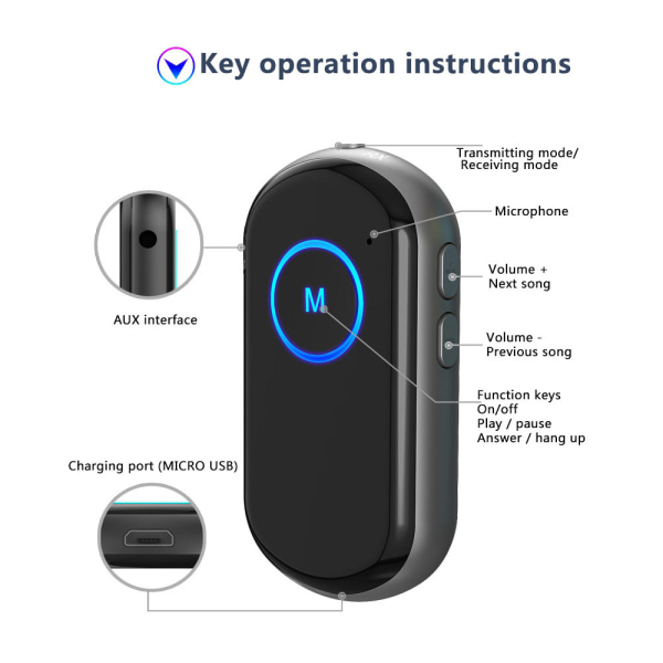 Bluetooth 3,5 mm Jack Bluetooth 5.0 Aux-mottaker Bluetooth 5.0