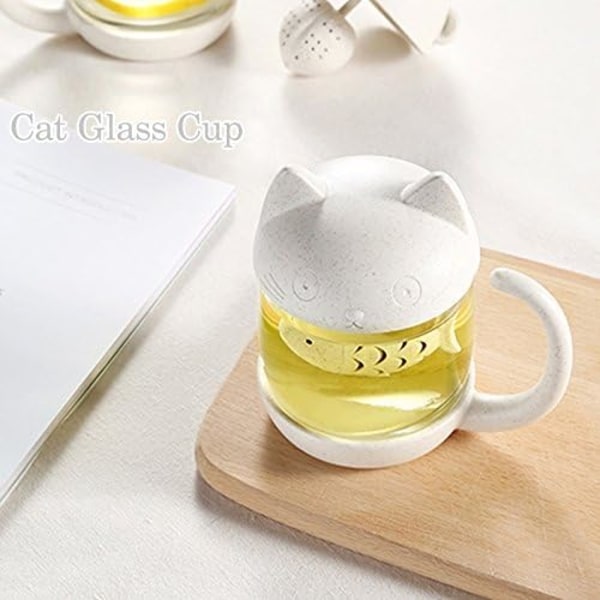 UneMug 250ML Cat Shape Glass Tea Cup with Fish Shape Infuser