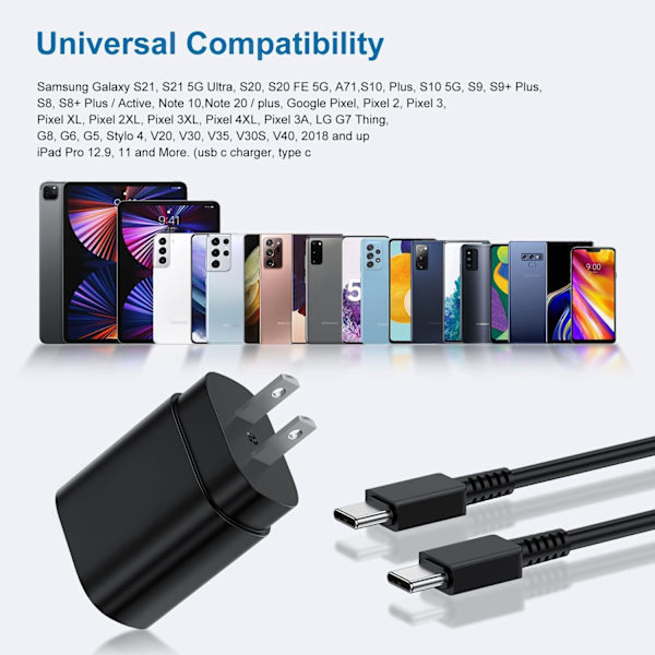 Typ C-laddare, 2-pack 25W PD USB C väggladdare Supersnabb laddningsblock & 6 fot Android-telefonladdningskabel för Sa
