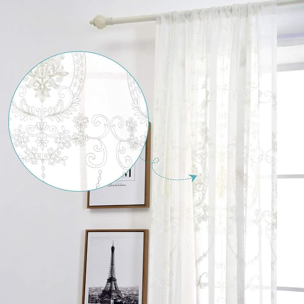 Vit Voile Gardin 80x140cm, Halvtransparent Polyester Blomsterbroderi