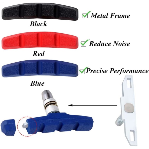 3 par (svart, blå, röd) V-formade bromsbelägg, cykelbroms
