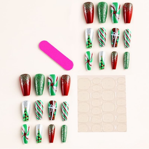 Julpress-on-naglar med design, söta falska naglar pepparkaksgubbe julgran mandel röd snöflinga mönster på