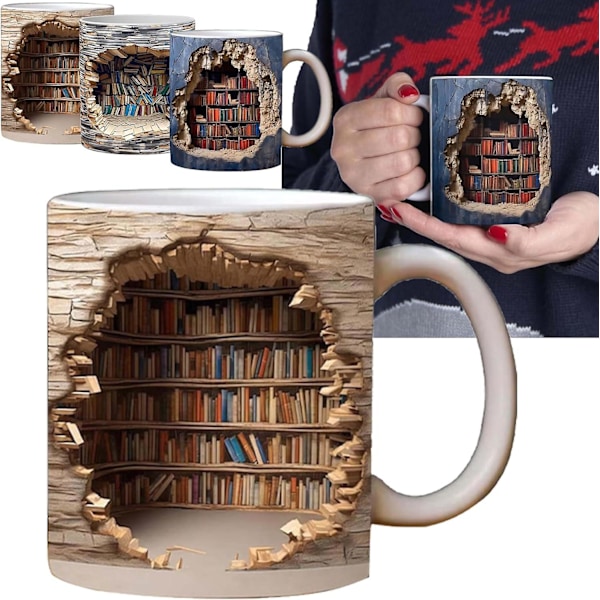 3d Bogreol Krus, 3d Effekt Bøger Krus, Kreativt Rumdesign Multifunktionel Keramisk Krus, Kaffe Krus Gave Til Bogelskere B