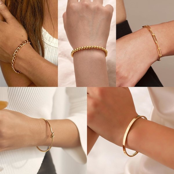 14K Guldförgylld Bangel-Armbandssats för Kvinnor Armband Stack Justerbar Tennis/Pärlor/Pappersklipp/Kubansk Länk Cha