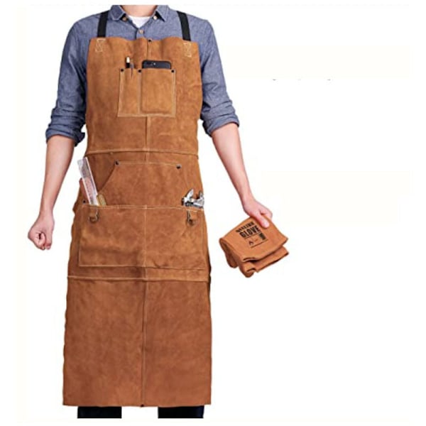 Welding Apron with 6 Pockets, Heat Resistant Flame Retardant Leat