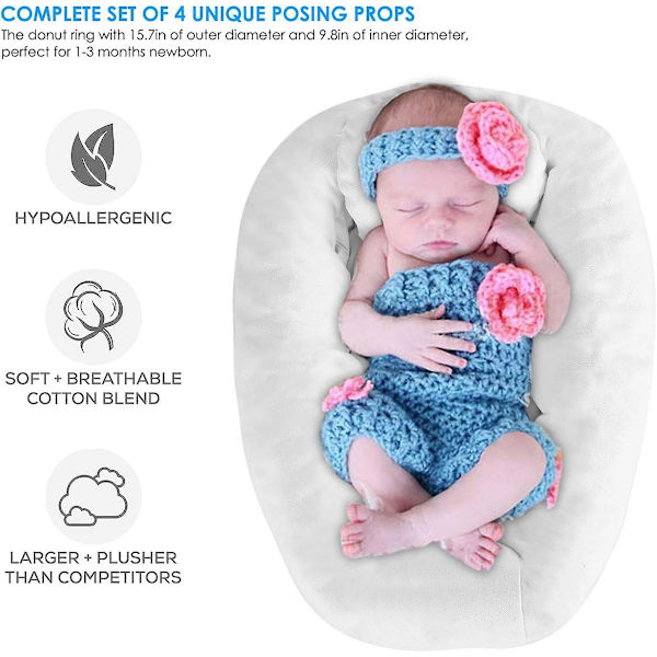 4 stk Donut pute til nyfødt babyfotografering, poseringspute, babykurvfyllsett, croissant poseringspute, kurvfyll for 0-3 måneder