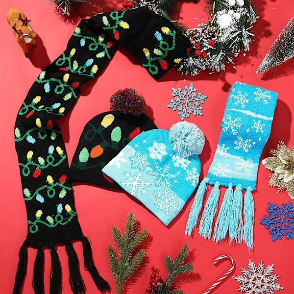 2-delt jule-LED-lys beanie-lue og skjerf strikket lue jule-beanies for voksne barn vinter varm julelue