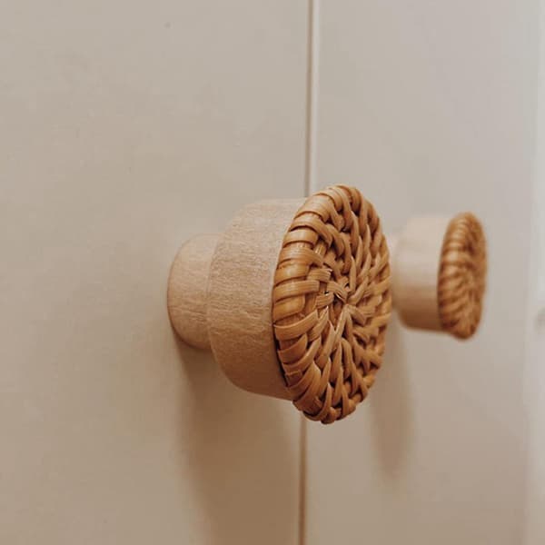 6 stk. Boho Rattan Kommode Knapper Runde Træ Skuffe Knapper