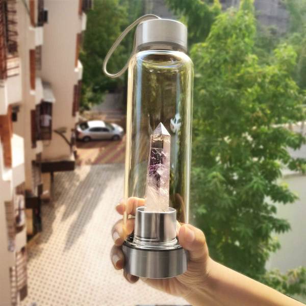 Ametist sten kristallvattenflaska för läkning, Elixir vattenflaska