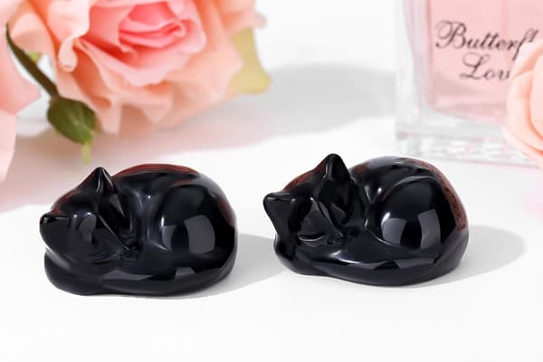 Sort Obsidian Kat Krystaller Figurine Sovende Kat Dekoration Helbredende S