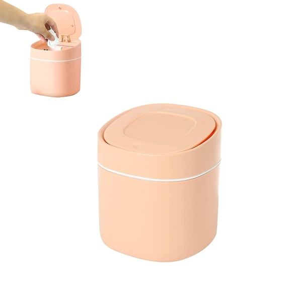 Mini bordssopskorg med lock, liten soptunna för sovrum, badrum, kök, kontor, sovrum, rosa