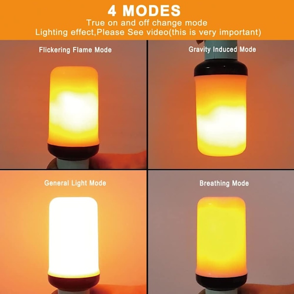 LED Flammeffekt Pære, 4 Tilstande Flammepærer, E26 Sockel Ildsted Pære med Tyngdekraftsensor, Flimrende Lys