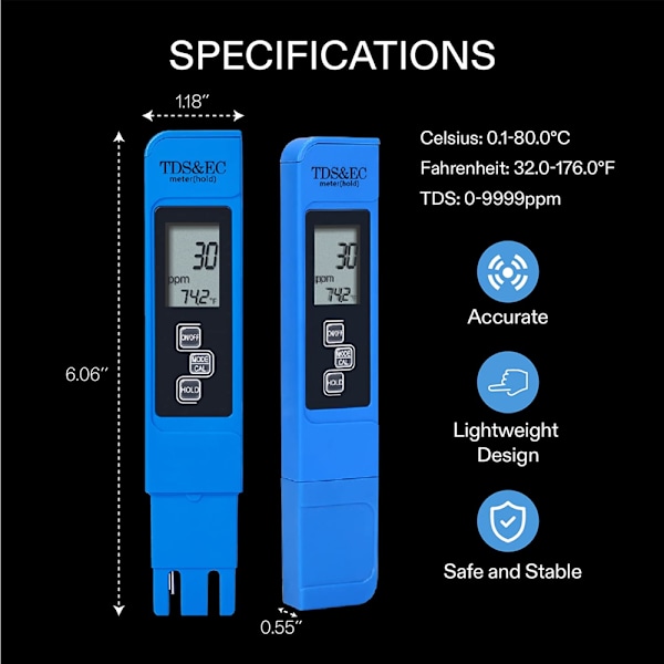 1 Pakk TDS Tester 3-i-1 TDS EC og Temperaturmåler Ultra-høy