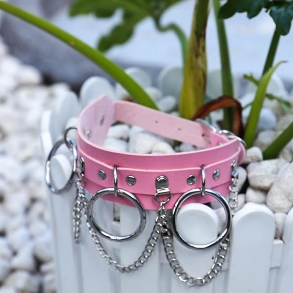 Rund Nitar Choker (Rosa), Gotisk Svart O-Ring Choker PU Läder