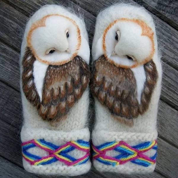 Owl-formade stickade vantar, tumvantar, bruna