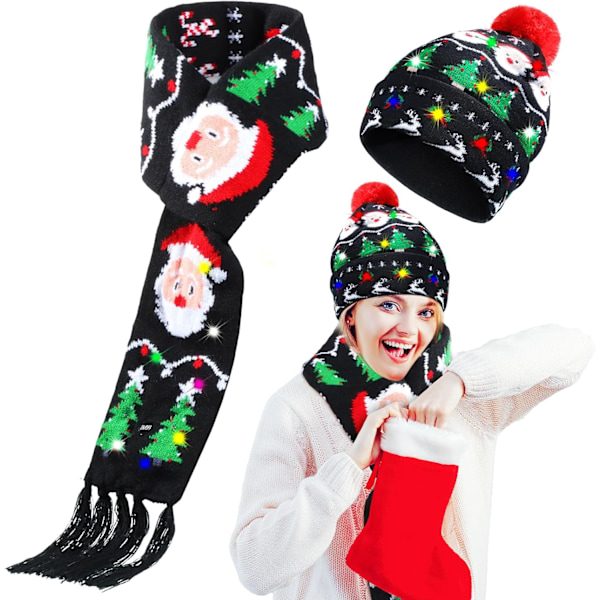 2 stk LED-lysende julehattlys skjerfsett Juleblinkende Beanie Cap Strikket skjerf til juleferie P