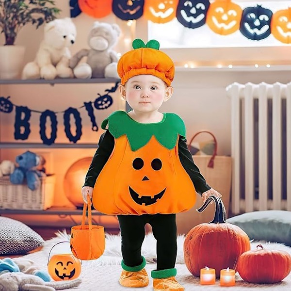 Halloween Græskar Kostume til Dreng, Halloween Græskar Fløjl Kostume, Græskar Kostume med Hat Pose