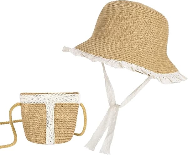 Flickors Solhatt Barn Sommar Halmhattar och Liten Väska Set med Spets