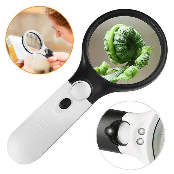 Black White Handheld Double Glass Lens Illuminated Magnifier Powerful LED Lamps Lighted Portable Magnifying Glass 3 LED Hand Held Magnifier for Senior