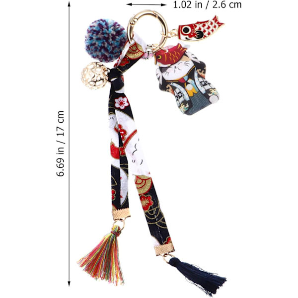 (Style 1) Lykkekat Nøglering med Maneki Neko Pom Pom Klokke Japansk