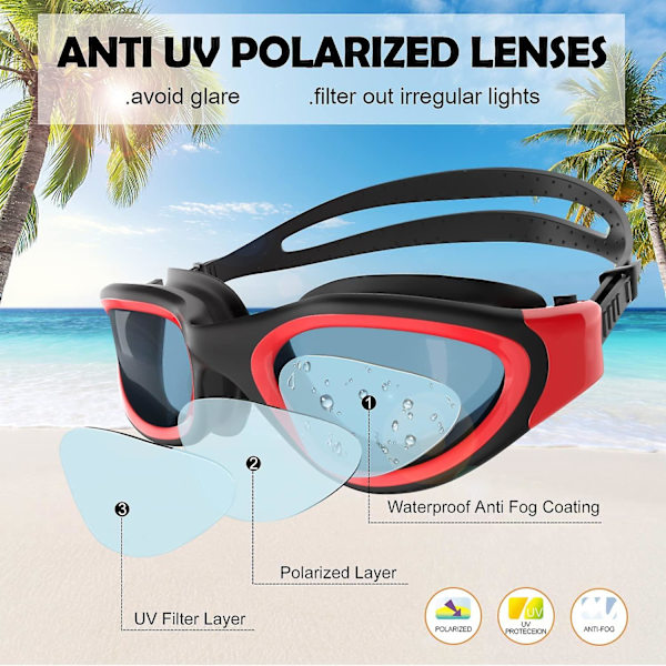 Dww-Rouge Svømmebriller med polariserede linser, Anti-dug Anti-UV tætte linser til klart syn Nem justering Blødt næsebro, til mænd kvinder voksne teenagere