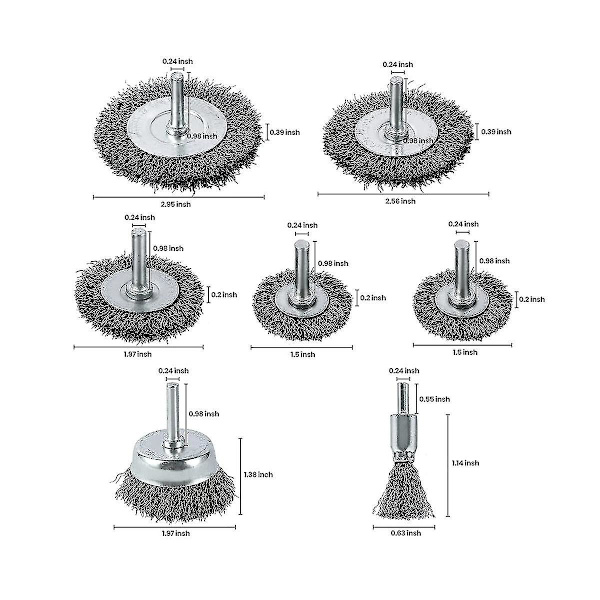 7 stk stålbørster for drill, karbonstål drill bit børster, høy hardhet legering ståltråd hjul sølv