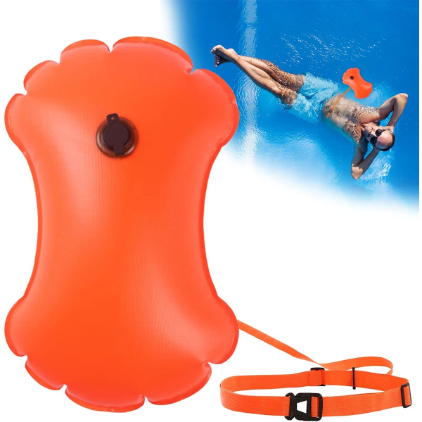 1 stycke orange uppblåsbar simboj, simbogseringsboj synlig
