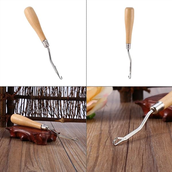 En bit virkad sticknål med trähandtag krokprocess