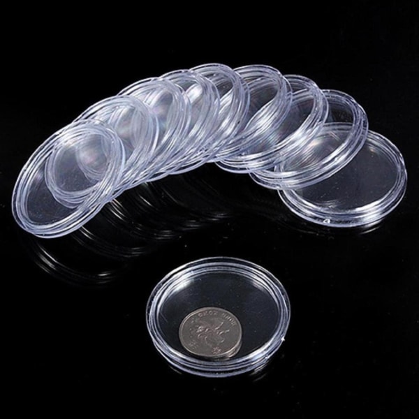 100 stk 40 mm gennemsigtige mønter lille rund kasse møntsamling