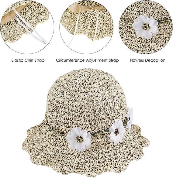 Flickor Halmhattar Fällbar Solhatt med Blomdekoration Sommarhatt för Barn Strand Resor Vandring