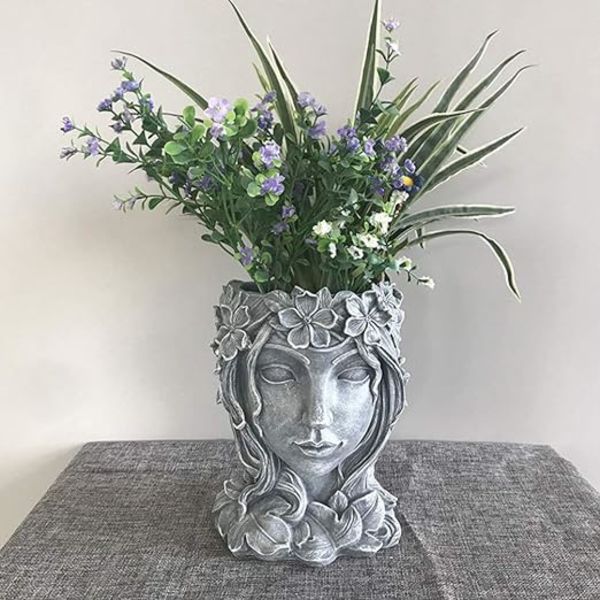 Grå flicka suckulent växtkruka resin kvinna staty planter resin