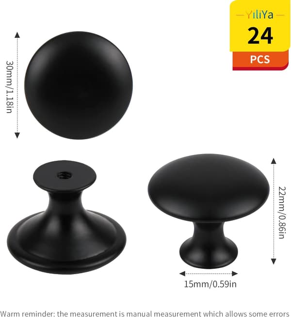 24 stk. Matte Sorte Skuffegreb, Runde Skabsknapper
