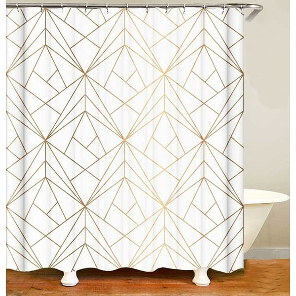 DESIGN Duschdraperi gyllengul linje trianglar badrum texti
