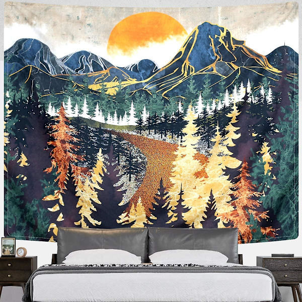 Bergsgobeläng Väggbonad Skogsträd Konst Gobeläng Solnedgång Gobeläng Väg i Naturlandskap Heminredning för Rum (51,2 x 59,1 tum)