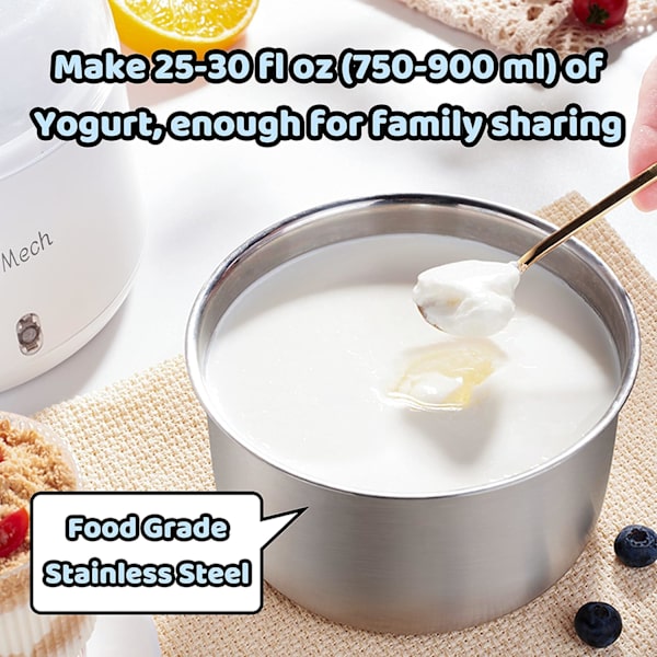 Yoghurtmaskine, Kompakt Græsk Yoghurtmaskine, Termostatstyring, Rustfrit Stålbeholder, 1 Liter Økologisk Yoghurt