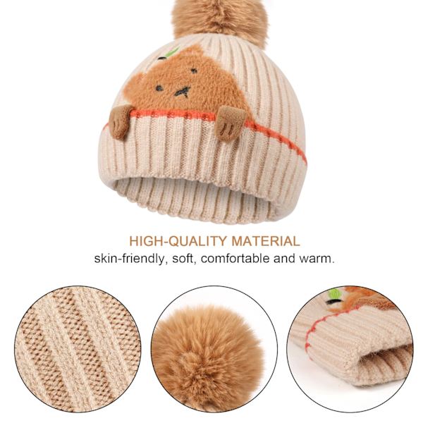1 beige vinterhette med polstring og ullfôr, varm strikket halssett