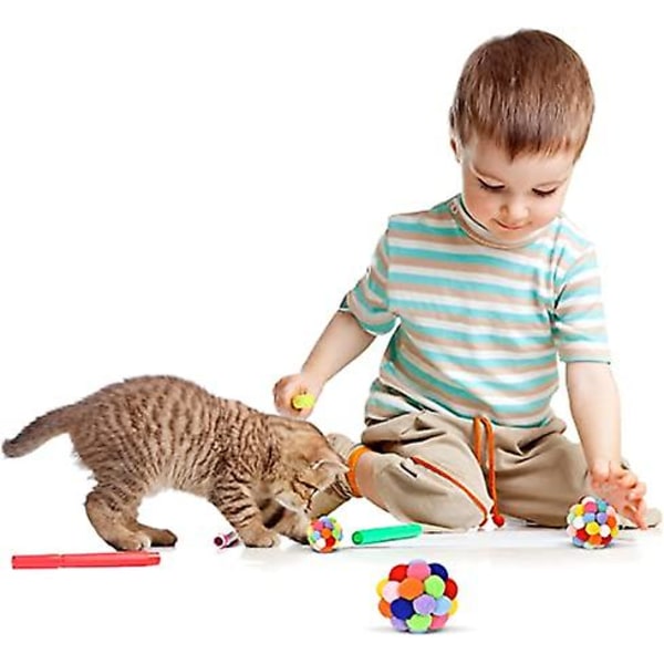 Katt leksak bollar med klocka (3-pack), TUSATIY färgglada mjuka luddiga bollar inbyggd klocka för katter, interaktiva leksaker för inomhuskatter och kattungar