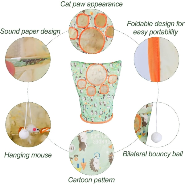 1 Stykke Grønn Katt Tunnel Leke, Sammenleggbar Kjæledyr Tunnel Rørpose
