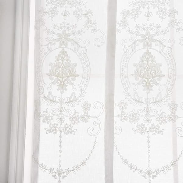 Vit Voile Gardin 80x140cm, Halvtransparent Polyester Blomsterbroderi
